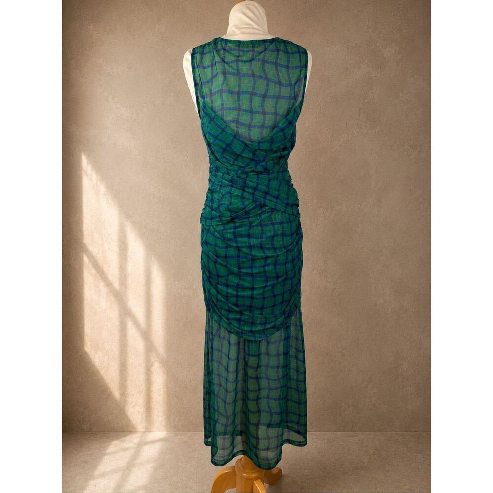 Simon Miller Sz M Kinny Ruched Plaid Mesh Midi Dress Anthropologie Green Blue - Picture 4 of 12